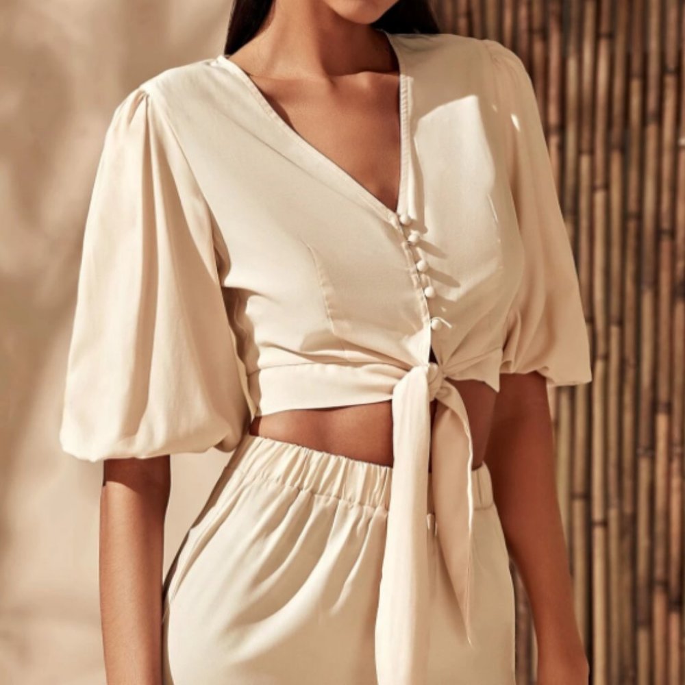 SHEIN Tie Front Puff Sleeve Crop Top Cream - Picture 2 of 5